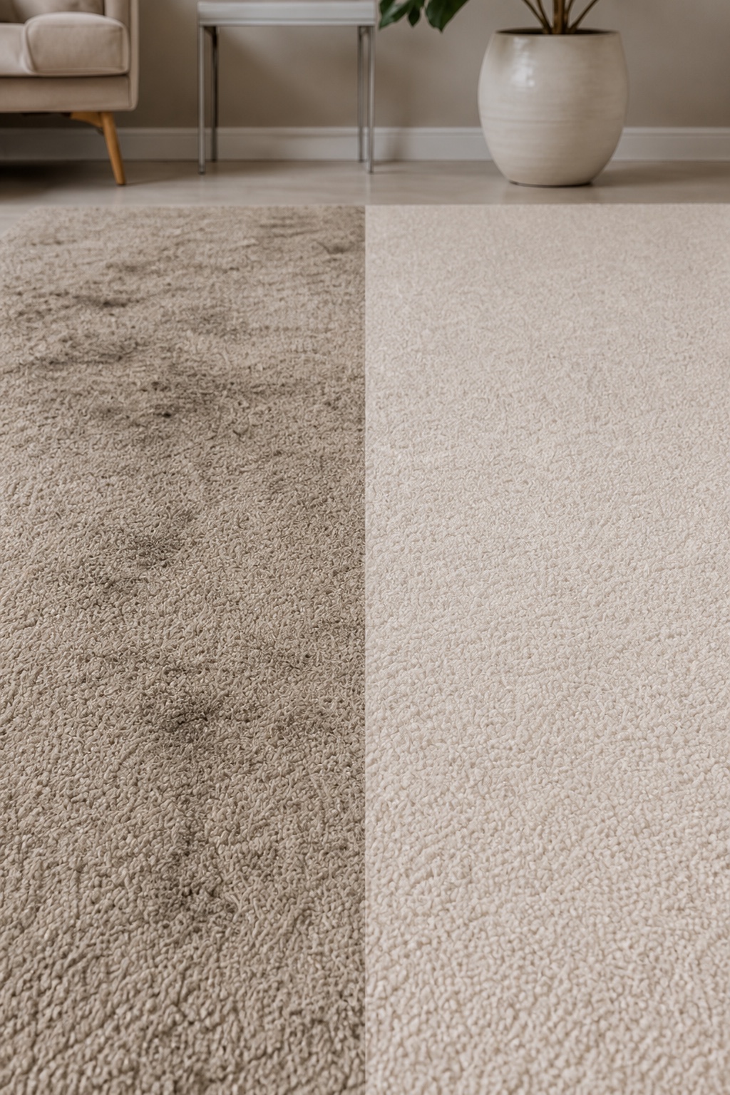 The same living room carpet shown before and after professional cleaning