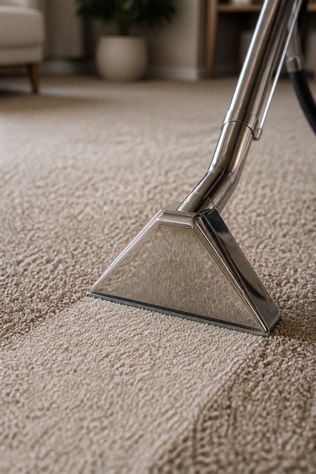 Professional hot-water extraction wand cleaning a plush carpet