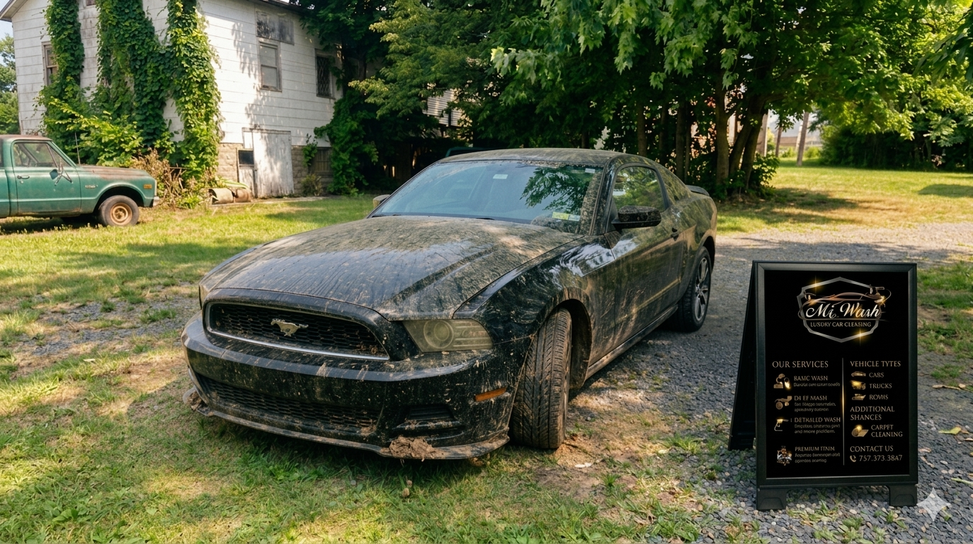 Before — Ford Mustang covered in mud and debris