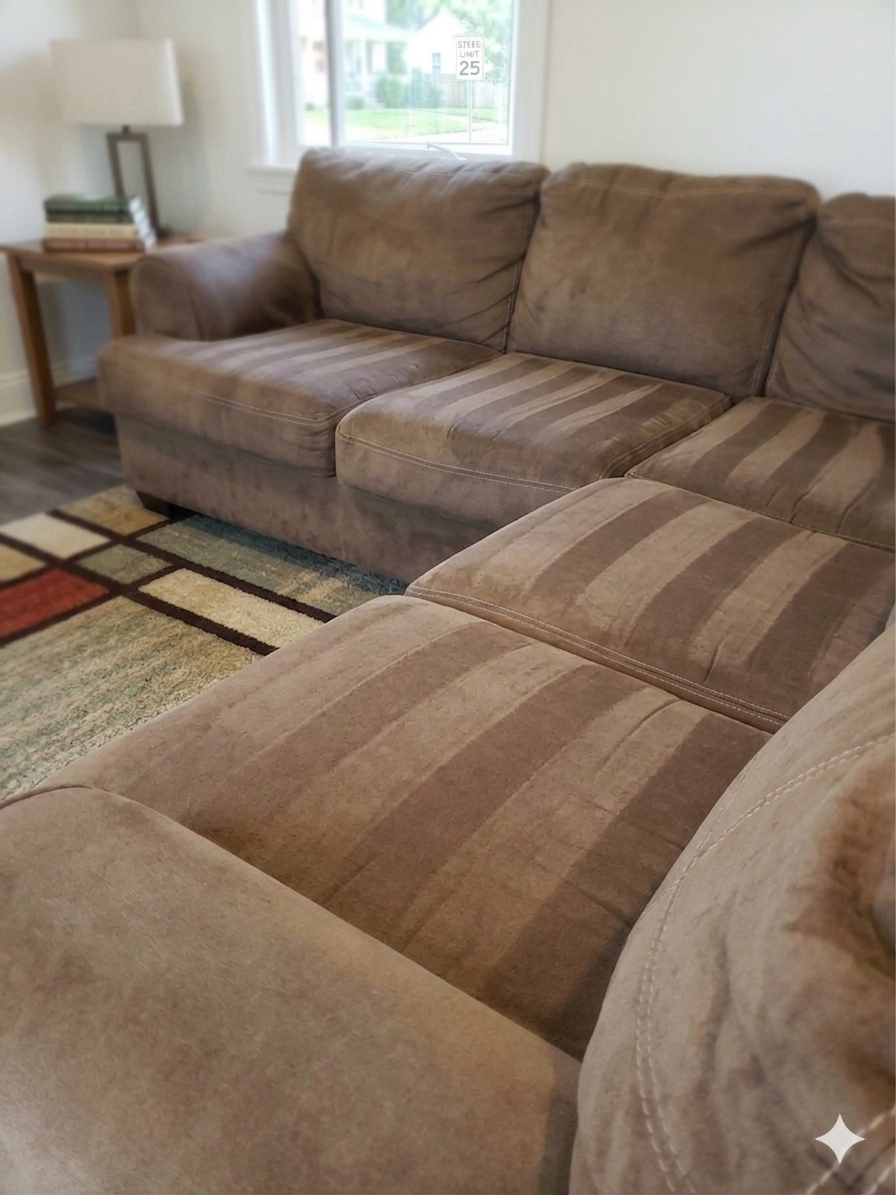 After — tan microfiber sofa cleaned and restored