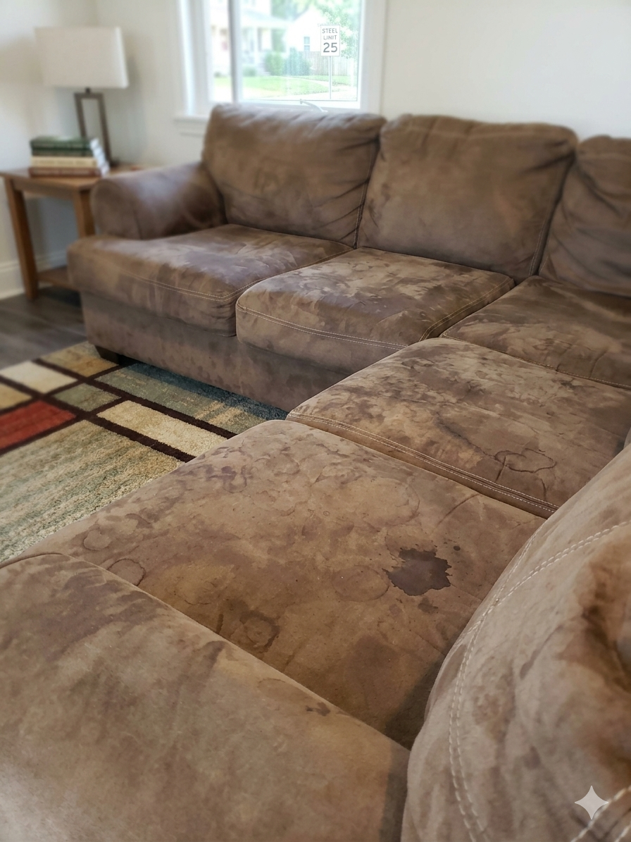 Before — tan microfiber sofa with dirt and stains on the cushions